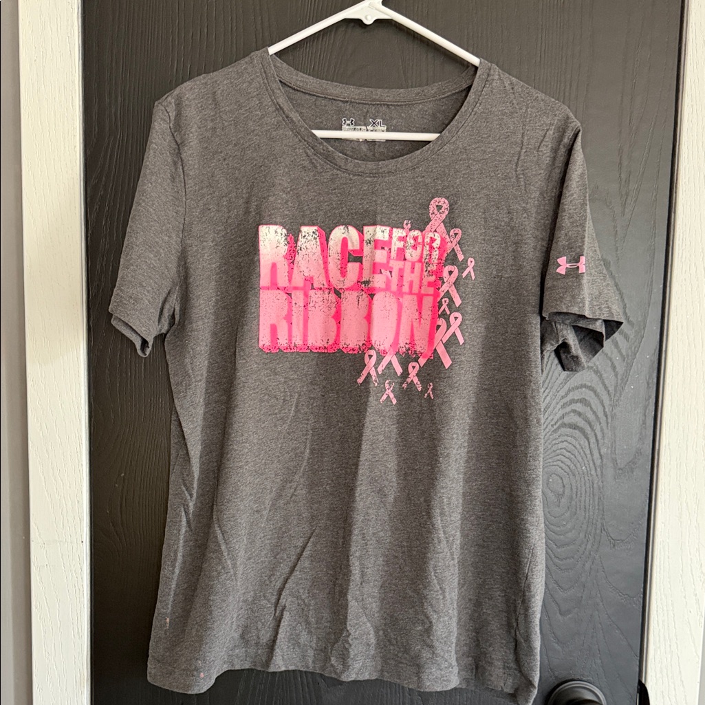 Under Armour Gray Tee With Pink Breast Cancer Ribbon Graphic